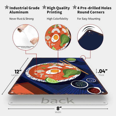 Ramen Bowl Tin Sign Metal Wall Art 8x12 Inch Vintage Style Poster with high quality printing and pre-drilled holes for easy mounting.