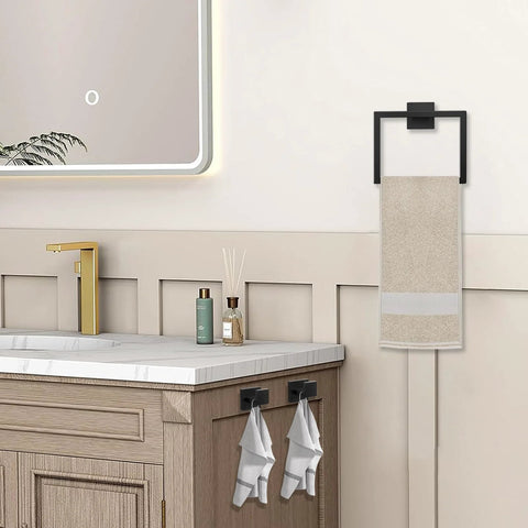 Bathroom with matte black towel ring holding towel from 5 Piece Matte Black Bathroom Hardware Set Featuring 15.7 Inch Towel Bar, Towel Ring, Toilet Paper Holder, And 2 Towel Hooks Made From SUS304 Stainless Steel Rustproof Wall Mounted Bath Accessories.
