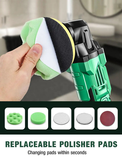 Cordless Car Polisher Kit With 20V Power, showing replaceable polisher pad in use for auto detailing and waxing