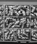 Top Notch 115 Piece Steel Zerk Grease Nipple Fittings Assortment Kit Featuring Straight And Angled M6 M8 M10 Sizes With Smart Spring Sealing, assorted steel zerk fittings in organizer