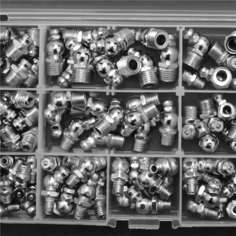 Top Notch 115 Piece Steel Zerk Grease Nipple Fittings Assortment Kit Featuring Straight And Angled M6 M8 M10 Sizes With Smart Spring Sealing, assorted steel zerk fittings in organizer