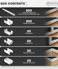 Box contents of 630 Inch White Cable Raceway Kit For Wall Cord Management with various connectors and adhesive tape visualized.