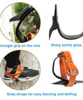 Pro Grade Tree Climbing Spikes Set With Adjustable 16 To 18 Inch Height Alloy Steel Spikes showing grip, straps, and shoe attachment.