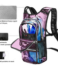 Transparent Purple 20L Hydration Backpack With 2L BPA Free Bladder, showing compartments, mesh pockets, padded straps