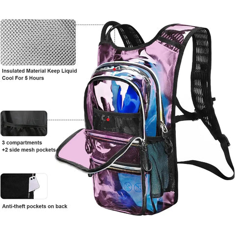 Transparent Purple 20L Hydration Backpack With 2L BPA Free Bladder, showing compartments, mesh pockets, padded straps