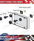 Exploded view of Black License Plate Screw Fastener Kit With 40 Piece Deluxe Mounting Set For Front And Back Plates For Cars Trucks And SUVs Includes Self Tapping Screws Covers Retainers And Anti Rattle Foam Pads Rustproof, showing components.