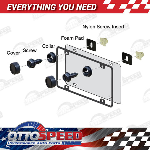 Exploded view of Black License Plate Screw Fastener Kit With 40 Piece Deluxe Mounting Set For Front And Back Plates For Cars Trucks And SUVs Includes Self Tapping Screws Covers Retainers And Anti Rattle Foam Pads Rustproof, showing components.