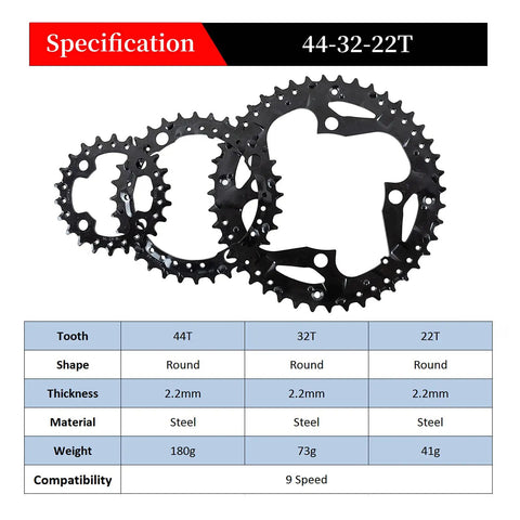 64 104 BCD Bike Chainring Set With Pin Steel CNC Alloy Double 44T 32T 22T gears for MTB, 9 speed compatible, shown on chart