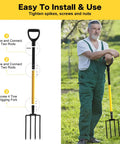 Heavy Duty Four Tine Garden Spading Fork With Ergonomic No Slip D Grip Handles, 45 Inch Long Handle in use outdoors