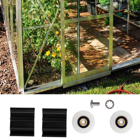 Durable Nylon Greenhouse Door Wheel Replacement For 22mm Tracks with accessories, shown against greenhouse structure