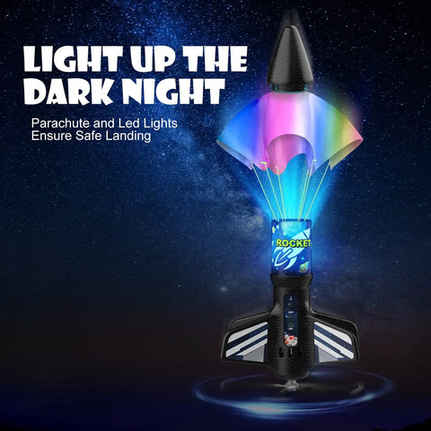 Self Launching Motorized Air Rocket Launcher For Kids With Two Height Settings, LED lights, parachute recovery at night