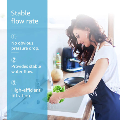 Woman washing lettuce in kitchen sink with stable flow rate; Replacement Water Filter For Moen Sip Filtered Kitchen Faucets.