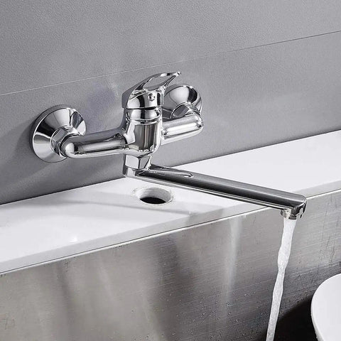SDVantage 360° Wall Mounted Kitchen Faucet Brass Single Handle Mixer Tap for Sink Bathtub Hot Cold Water Modern Design Space Saving Durable Stylish,Cromo with water flowing.
