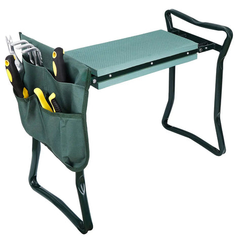 Folding Garden Kneeler Bench With EVA Foam Pad and Pouch portable sit-up stool with durable steel frame for gardening.