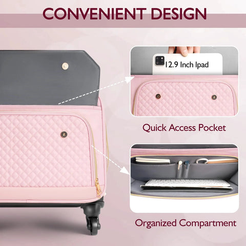 Pink TSA friendly rolling laptop bag for women with quick access pocket and organized compartment