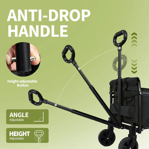 Heavy Duty Foldable Wagon Cart With All Terrain Wheels For Camping Garden Grocery And Sports Trips Portable Collapsible Utility Cart That Hauls Up To 500 Lbs Sturdy Metal Frame Compact Fold Black Medium with anti-drop handle and adjustable features