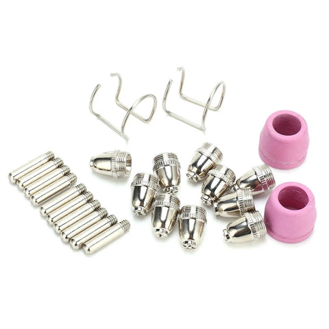 Top Shred Plasma Cutting Torch Consumables 24 Pack Copper Electrodes Contact Tips And Ceramics, featuring pink ceramic nozzles and metal tips.