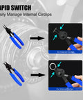 10 Piece Snap Ring Pliers Set Heavy Duty Circlip Removal Tool With Bent And Straight Pliers Internal And External Circlip Pliers Hook Pick Storage Case And Gloves For Auto Repair And Mechanical Work showing rapid switch for internal circlips with detailed view of pliers.