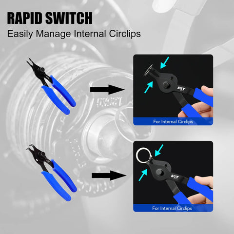 10 Piece Snap Ring Pliers Set Heavy Duty Circlip Removal Tool With Bent And Straight Pliers Internal And External Circlip Pliers Hook Pick Storage Case And Gloves For Auto Repair And Mechanical Work showing rapid switch for internal circlips with detailed view of pliers.
