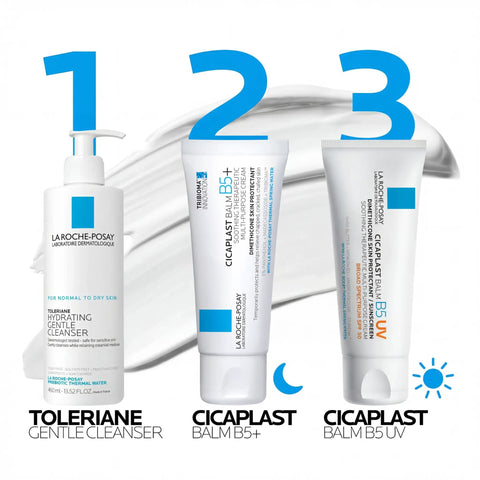 Ultimate Go To Healing Balm With Vitamin B5 Soothing Cream for Dry And Irritated Skin, three skincare products displayed.