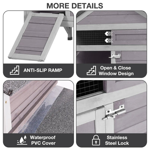 Outdoor Wooden Chicken Coop For 2 To 3 Hens With Nest Box, details of ramp, window design, waterproof roof, and lock