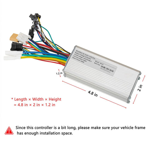 All In One Ebike Controller Kit 24V 36V 48V Compatible 25A 500W Brushless Motor Controller with wires, dimensions displayed