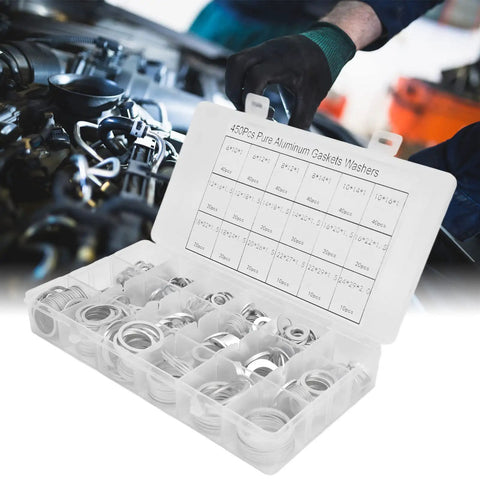 450 Piece Aluminum Flat Washer Set With Storage Box Heavy Duty Round Gaskets For DIY Projects Furniture Appliances Outdoor Gear And Equipment Rust Resistant For Humid Environments open labeled case with assorted washers