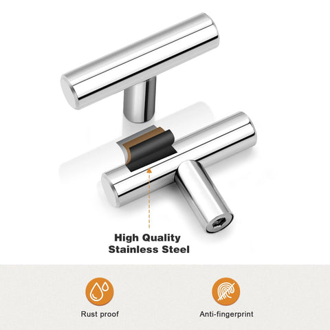 10 Pack Euro Round T Bar Knobs With 2 Inch Overall Length Polished Chrome Finish Stainless Steel Single Hole Kitchen Cabinet Hardware