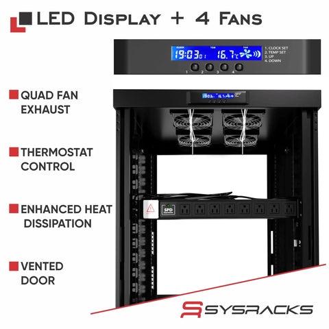 Heavy Duty 37U Server Rack Cabinet 39 Inch Deep Floor Standing Network Enclosure With Silent Blast Fans features LED display and quad fan exhaust.