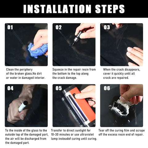 Step-by-step instructions for Windshield Repair Kit for Chips Scratches and Star Cracks Quick Resin Liquid Filler application