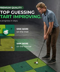 Person using Indoor Putting Green Mat With Four Cups And Target Zones For Home Practice, 9ft By 2.5ft Portable Golf Training Aid