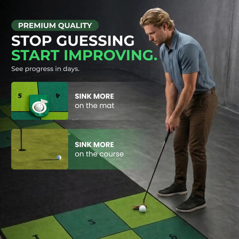 Person using Indoor Putting Green Mat With Four Cups And Target Zones For Home Practice, 9ft By 2.5ft Portable Golf Training Aid