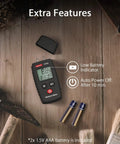 Pin Type Moisture Meter Pocket Tester For Wood And Building Materials, black handheld meter with probes and AAA batteries shown