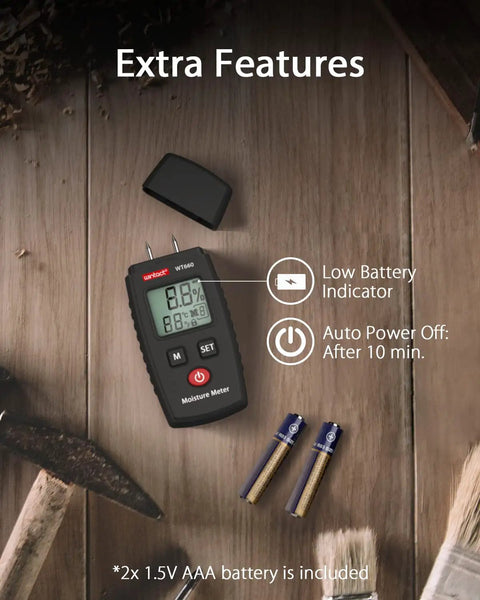 Pin Type Moisture Meter Pocket Tester For Wood And Building Materials, black handheld meter with probes and AAA batteries shown