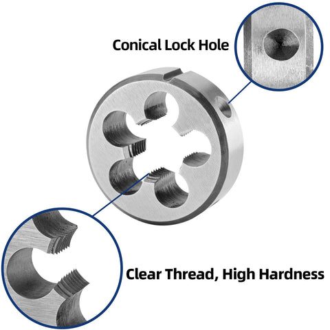 Left Hand M8 1.25 Tap and Die Set for Metric Threads 8mm Cutting Diameter with conical lock hole and clear thread details
