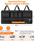 Ultimate SUV Trunk Organizer With 10 Pockets Massive Capacity Car Storage Keeps Gear Neat Waterproof Backseat Hanging Bag For SUV Truck Or MPV Adjustable Durable 600D Oxford Fabric shown with dimensions 35.5x18.2 inches, black color.