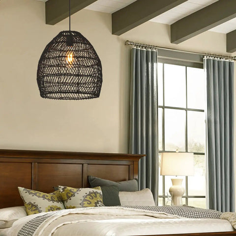 Bamboo Pendant Light Fixture Black Finish, Boho Rattan Woven Hanging Lamp For Kitchen Island Or Nursery, 17.7 Inch Wide, E26 Socket