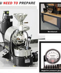 At Home Coffee Roaster With Timer, Large Capacity Nonstick Bean Roaster For Home Or Small Cafe, Easy Operation, Durable Electric Roasting Machine In Yellow For Fresh, Flavorful Beans Every Batch shown with workbench and gauge