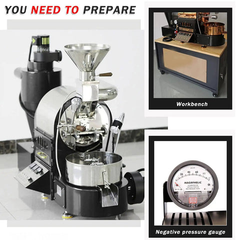 At Home Coffee Roaster With Timer, Large Capacity Nonstick Bean Roaster For Home Or Small Cafe, Easy Operation, Durable Electric Roasting Machine In Yellow For Fresh, Flavorful Beans Every Batch shown with workbench and gauge