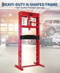 Built Tough 20 Ton Hydraulic H Frame Shop Press For Industrial Grade Stability And Floor Use Reinforced Carbon Steel Construction With Powder Coated Finish For Durability And Corrosion Resistance, red H-frame in garage