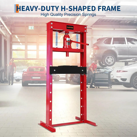 Built Tough 20 Ton Hydraulic H Frame Shop Press For Industrial Grade Stability And Floor Use Reinforced Carbon Steel Construction With Powder Coated Finish For Durability And Corrosion Resistance, red H-frame in garage