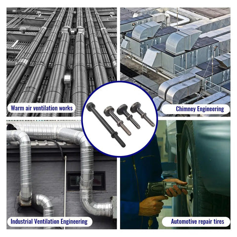 Pro Grade Smoothing Air Hammer Bits Kit - 5 Pc Pneumatic Chisel Set, illustrated with industrial and automotive applications.