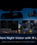 4K 3 Channel Dash Cam With Front Rear And Interior Cameras, 4K 1080P 1080P in-car display showing night vision comparison with IR lights