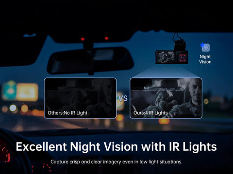 4K 3 Channel Dash Cam With Front Rear And Interior Cameras, 4K 1080P 1080P in-car display showing night vision comparison with IR lights