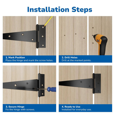Heavy Duty 8 Inch T Strap Hinge Pack Of 6 For Wood Doors And Gates Ideal For Outdoor Sheds Barns And Fences Tee Hinge Black Screws Included For Easy Installation Durable Steel Construction Smooth 270 Degree Swing installation steps on wood door
