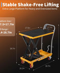 Hydraulic lift table cart with double scissor lift, orange platform, non-slip pad, four wheels, 1100 lb capacity