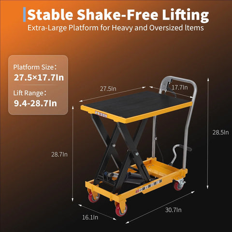 Hydraulic lift table cart with double scissor lift, orange platform, non-slip pad, four wheels, 1100 lb capacity