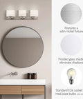 Vanity Light With Frosted Glass Shades In Satin Nickel Finish, Dimmable 3 Light Bathroom Fixture, shown above a bathroom mirror.