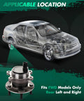 Beefed Up Rear Wheel Bearing And Hub Assembly For Ford Focus 2012 2013 2014 2015 2016 2017 2018 With ABS 5 Lug Pattern Fits Left Or Right Rear Wheel 512466 Replacement shown next to transparent car diagram highlighting position on rear wheel.