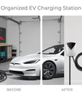 Before and after of Tesla NACS Electric Vehicle Charger Nozzle Holster Dock And J Hook For Cable Management in a garage